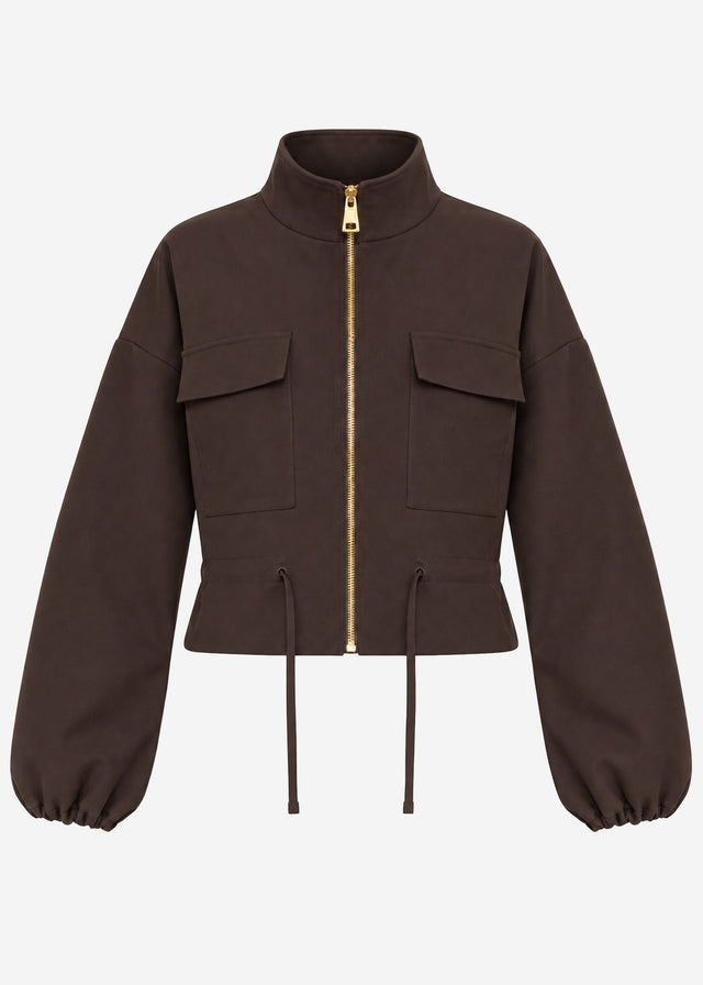 Blouson jacket with stand collar - brown
