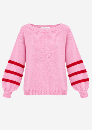 Kurzer Strickpullover mit gestreiften Ärmeln - rosa