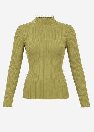 Ribbed knit top with funnel neck - olive green
