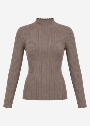Ribbed knit top with funnel neck - taupe