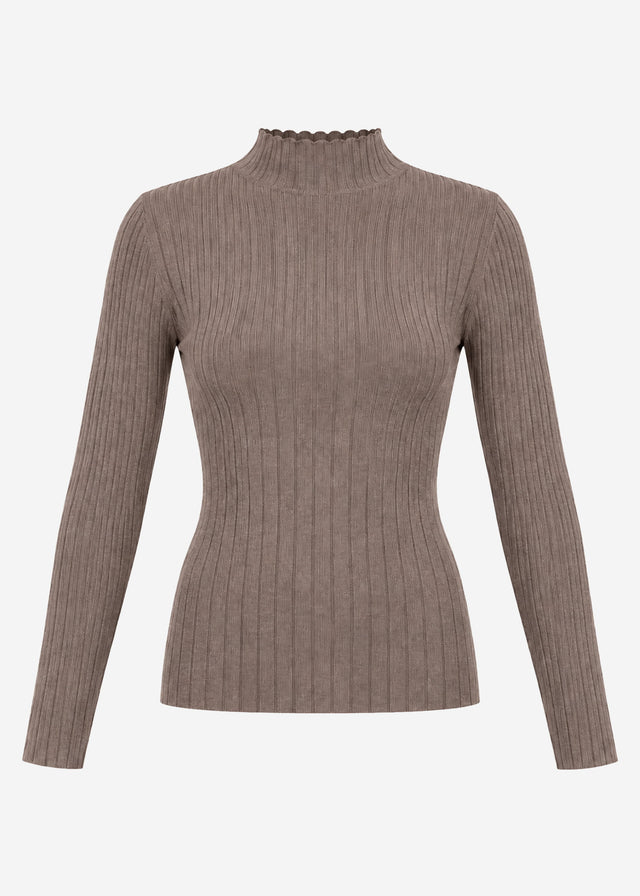 Rippstrickoberteil mit Stehkragen - taupe