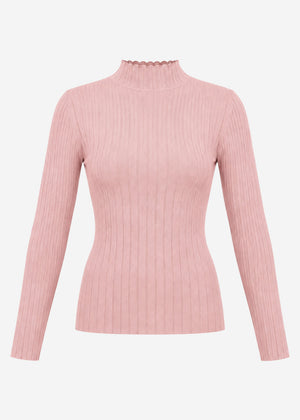 Ribbed knit top with funnel neck - dusty rose