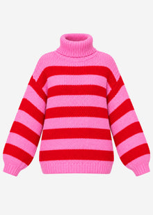 Gestreifter oversize Rollkragenpullover - rot-rosa