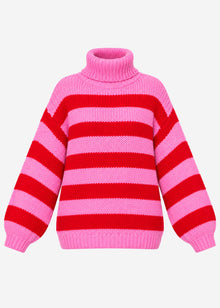Gestreifter oversize Rollkragenpullover - rot-rosa