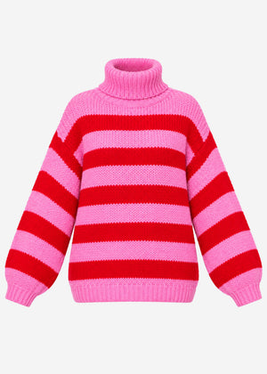 Gestreifter oversize Rollkragenpullover - rot-rosa