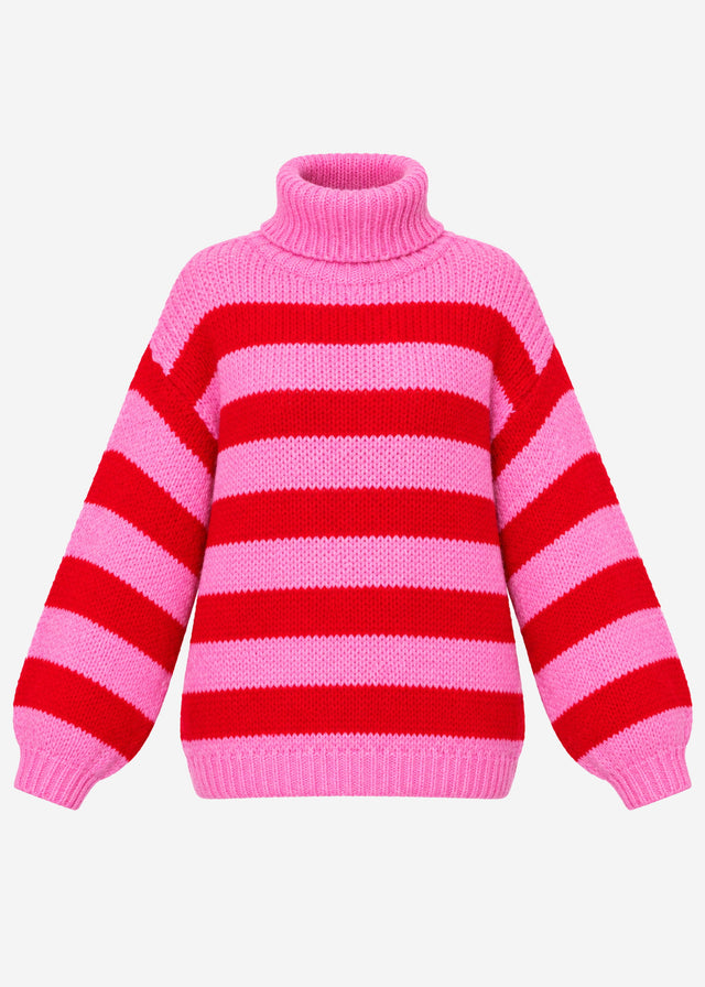 Gestreifter oversize Rollkragenpullover - rot-rosa