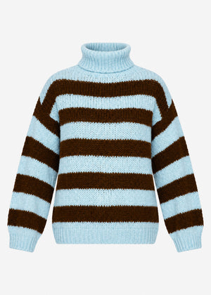 Gestreifter oversize Rollkragenpullover - hellblau-braun
