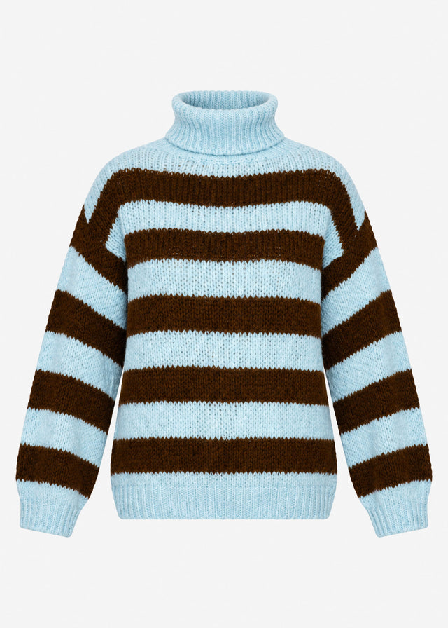 Gestreifter oversize Rollkragenpullover - hellblau-braun