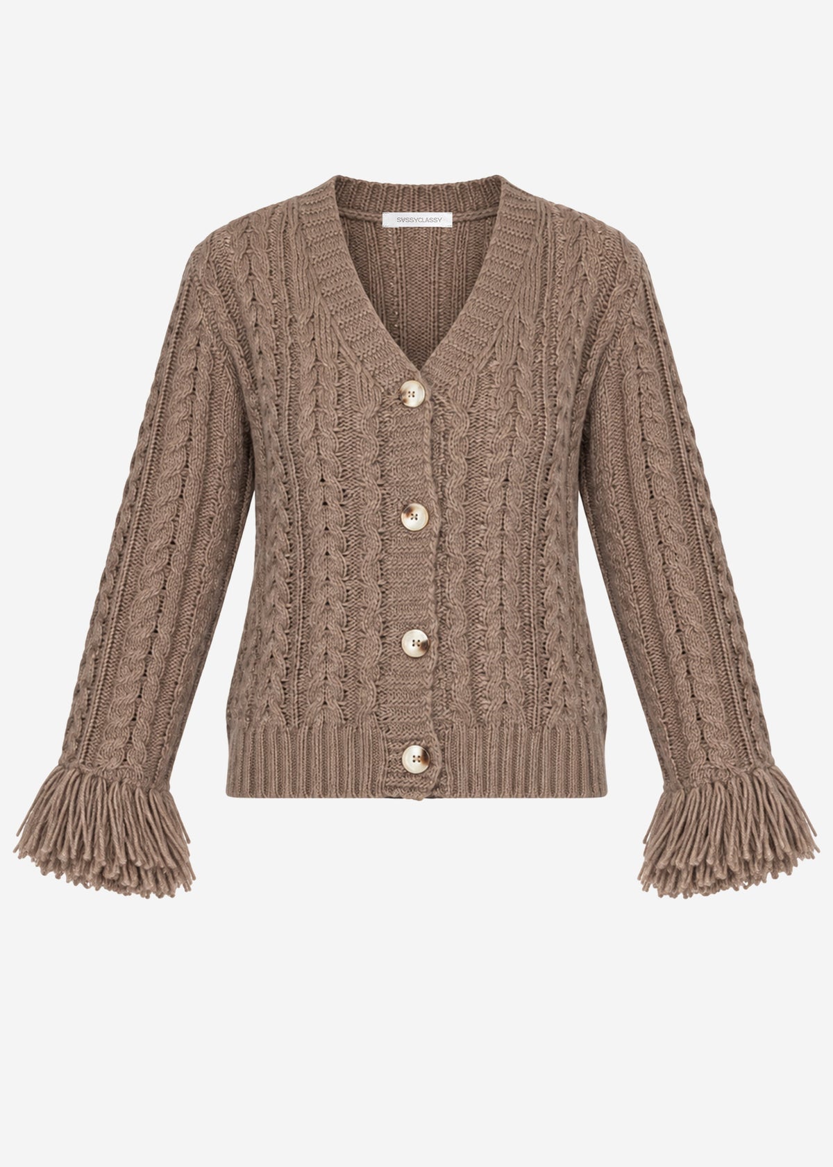 Zopfstrick-Cardigan mit Fransenbündchen - taupe