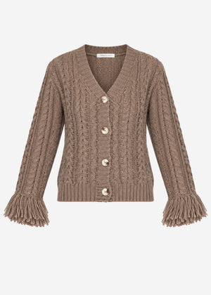 Zopfstrick-Cardigan mit Fransenbündchen - taupe