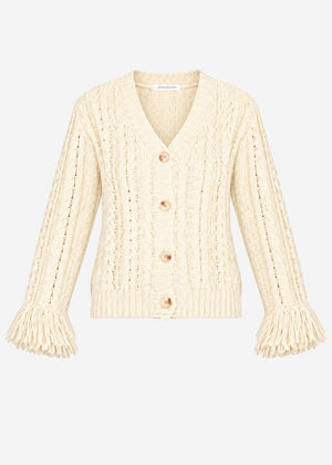 Zopfstrick-Cardigan mit Fransenbündchen - offwhite