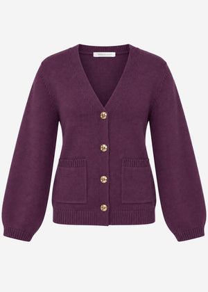 Cardigan with V-neck and gold buttons - plum
