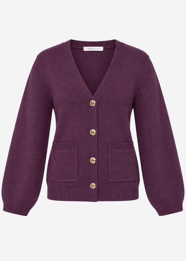 Strickjacke mit V-Ausschnitt und Goldknöpfen - plum