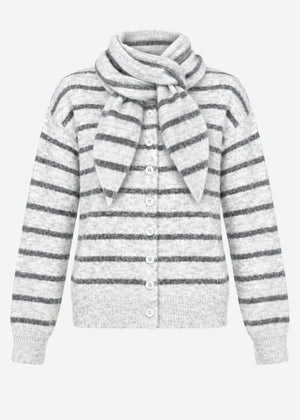 Gestreifter Cardigan mit Schal - grau