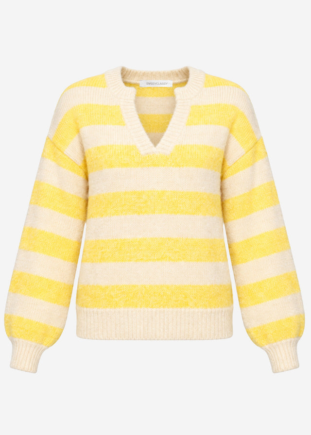 Gestreifter Pullover mit Blende - gelb-beige
