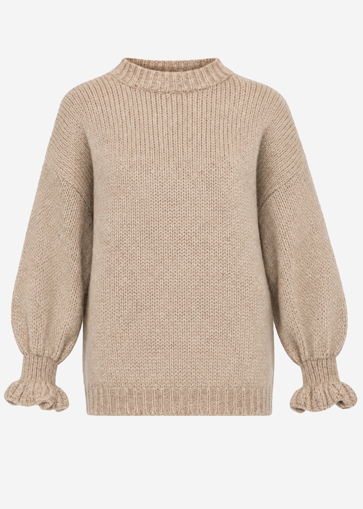 Knitted jumper with ruffled sleeves - beige