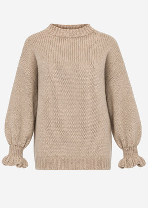 Knitted jumper with ruffled sleeves - beige