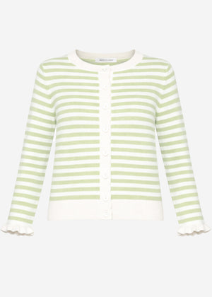 Gestreifte Strickjacke mit Volants - grün