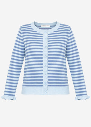 Gestreifte Strickjacke mit Volants - blau