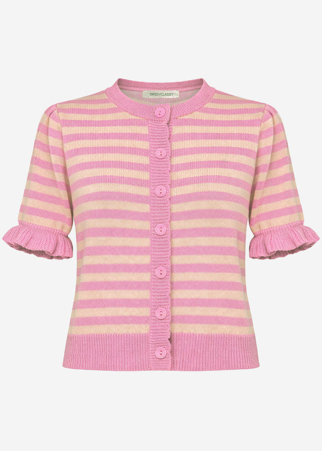 Gestreifte Kurzarm-Strickjacke mit Volants - pink-koralle