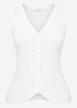Strick-Top mit Knopfleiste und tiefem V-Ausschnitt - offwhite