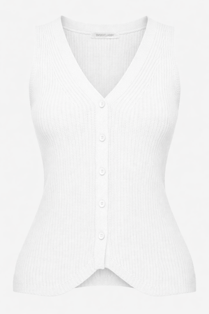 Knit top with button placket and deep V-neck - off-white