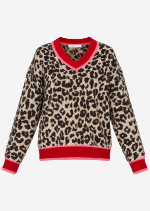 V-Ausschnitt Strickpullover mit Leopardenmuster - rot-pink