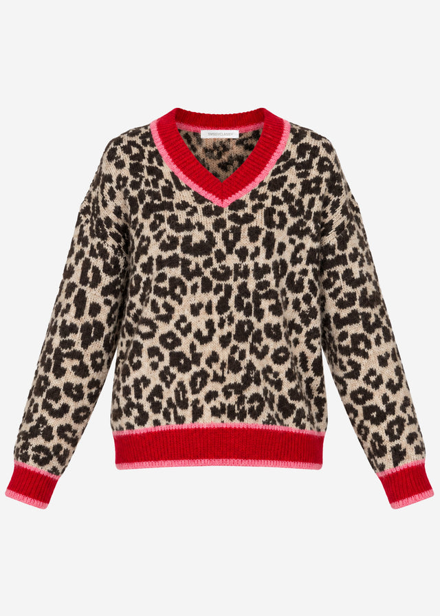 V-Ausschnitt Strickpullover mit Leopardenmuster - rot-pink