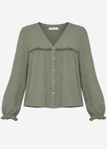 Musselin Bluse mit V-Ausschnitt und Fransen - khaki