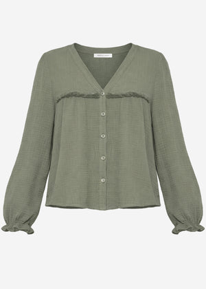 Musselin Bluse mit V-Ausschnitt und Fransen - khaki