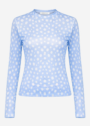 Polka dot mesh shirt with round neck - light blue