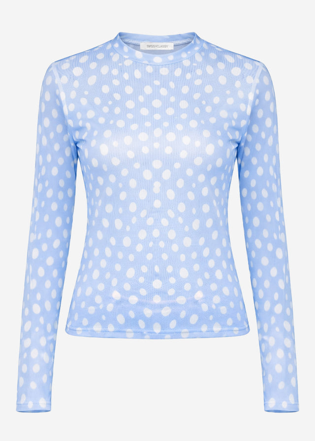 Polka dot mesh top with crew neck - light blue
