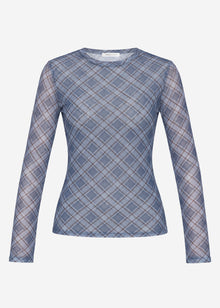 Mesh long-sleeved top with checked pattern - blue