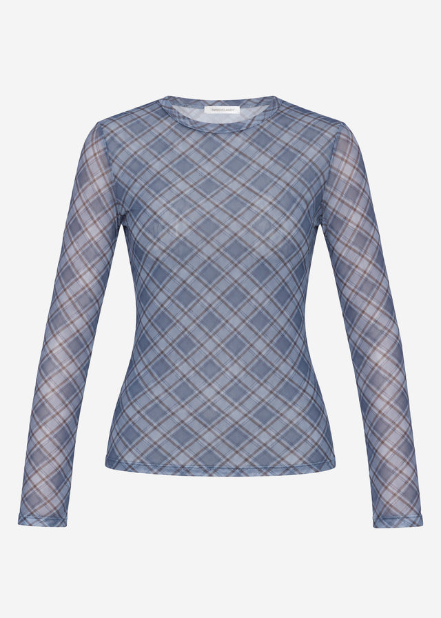 Mesh long-sleeved top with checked pattern - blue