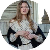 Women's long-sleeve shirt in beige with a polka-dot pattern and a stand-up collar, styled with a brown cardigan – Long-sleeve shirts by SASSYCLASSY