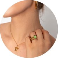 Women's gold ring with a light green stone, styled with a gold necklace – Rings by SASSYCLASSY