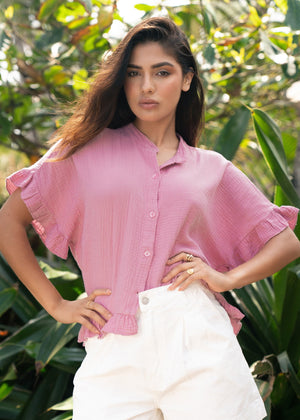 Muslin blouse with ruffle hem - pink