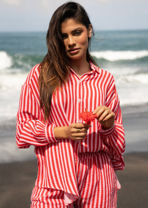 Striped oversize musselin blouse - red -pink