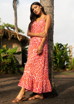 Musselin Maxi Kleid mit Leo-Print - pink