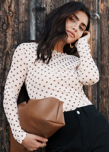 Mesh Langarmshirt mit Punkten - beige