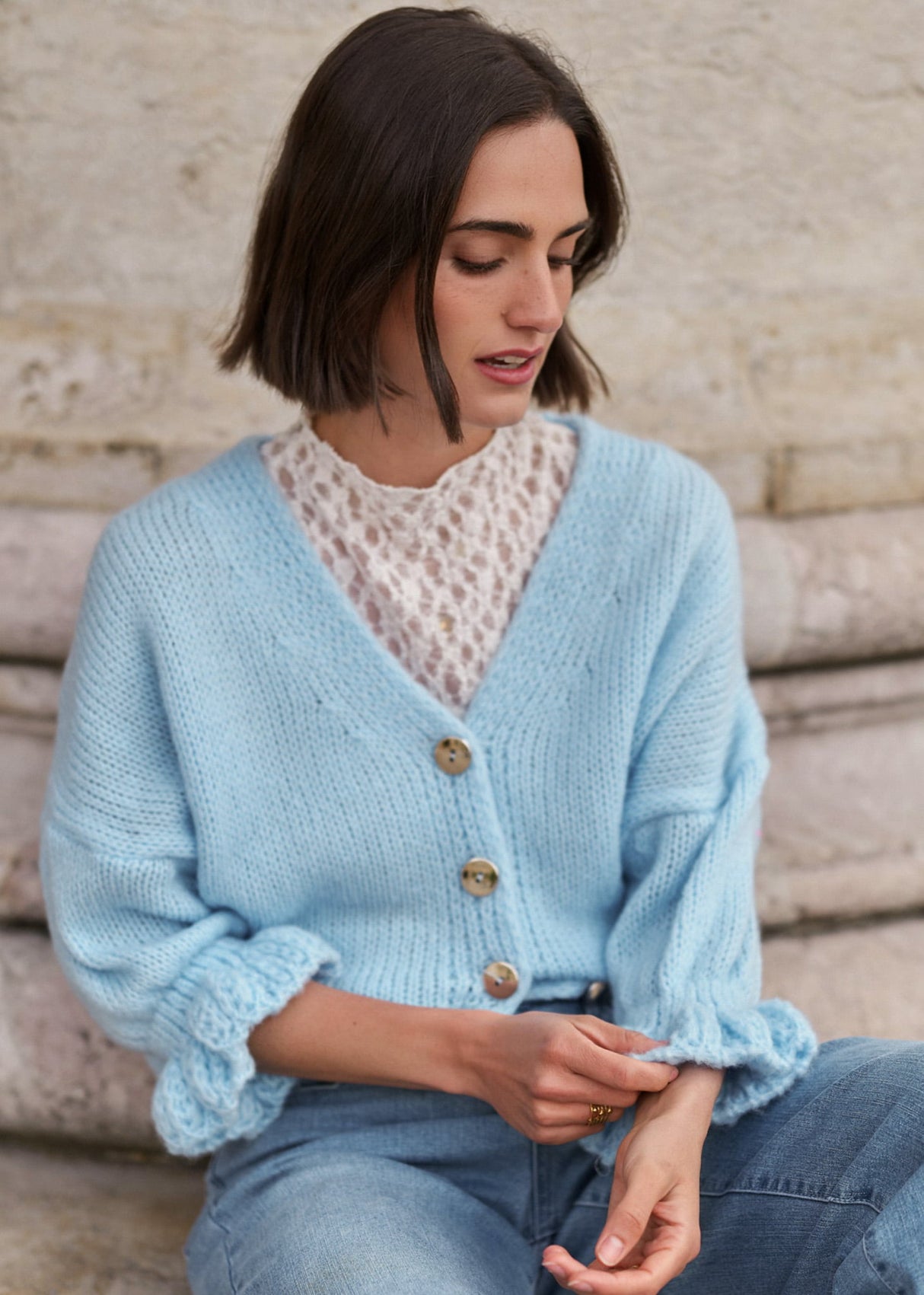 Strickjacke mit 3/4-Ärmeln - hellblau