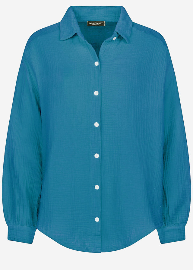 Short oversized muslin blouse - petrol blue