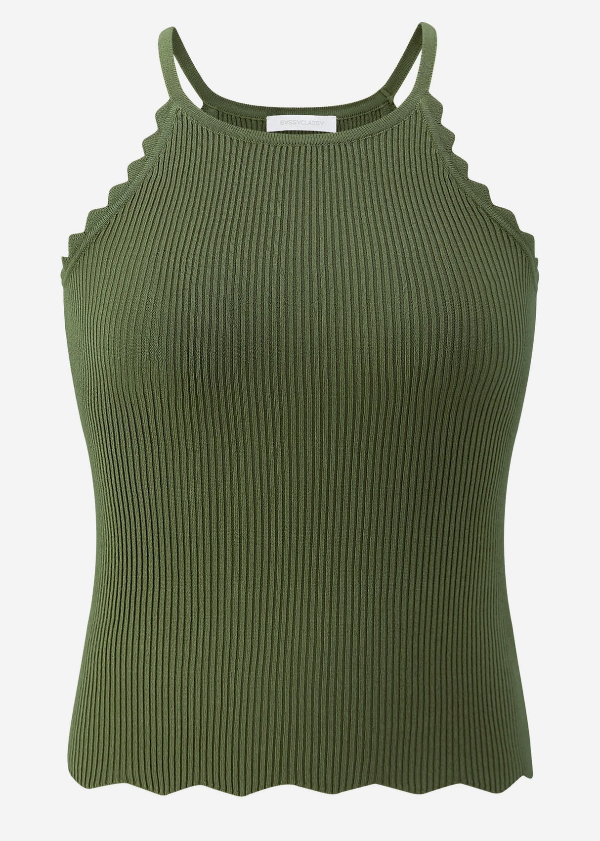 Knit top with scalloped edge, khaki