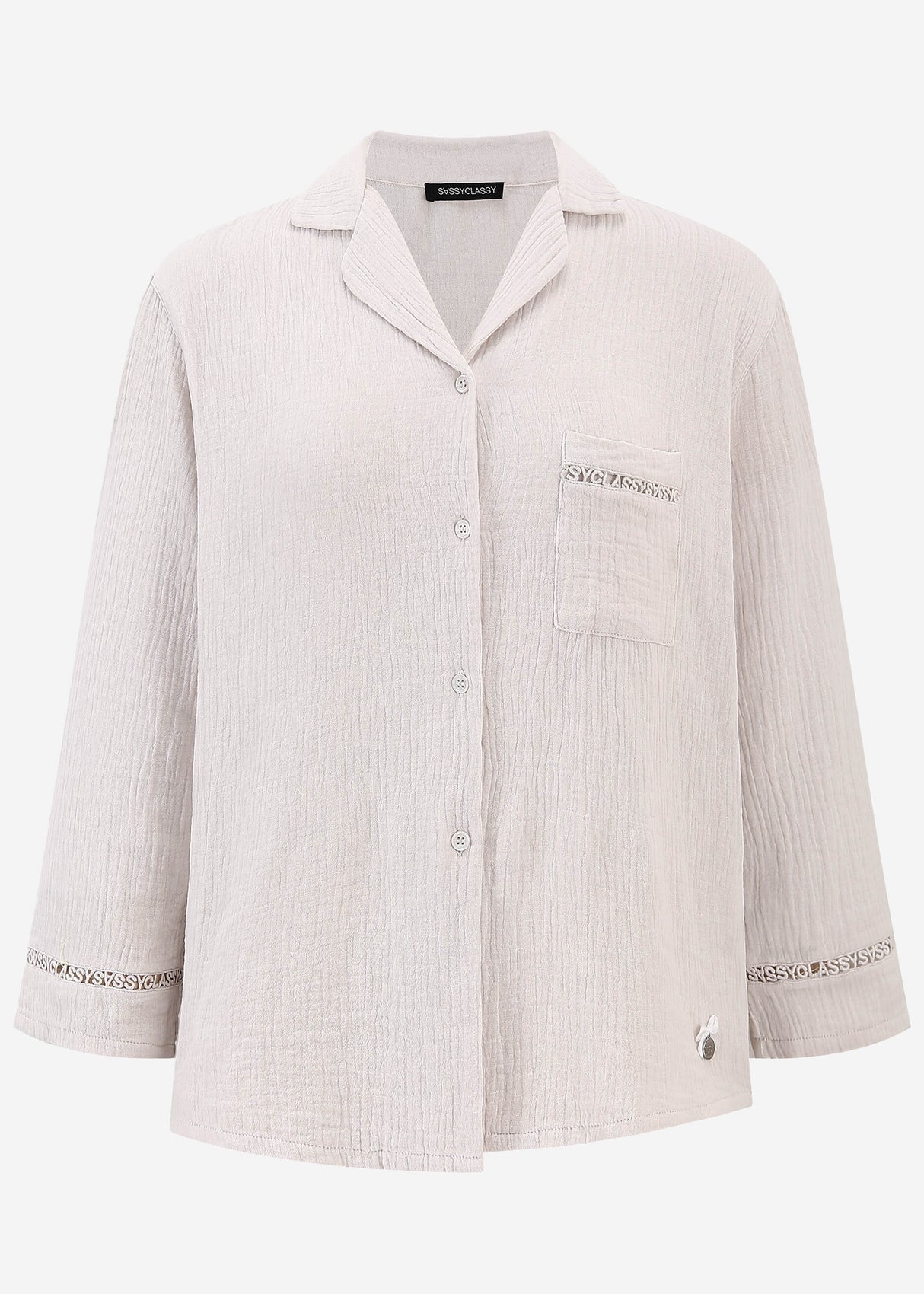 Muslin pajama blouse with lace trim - light beige