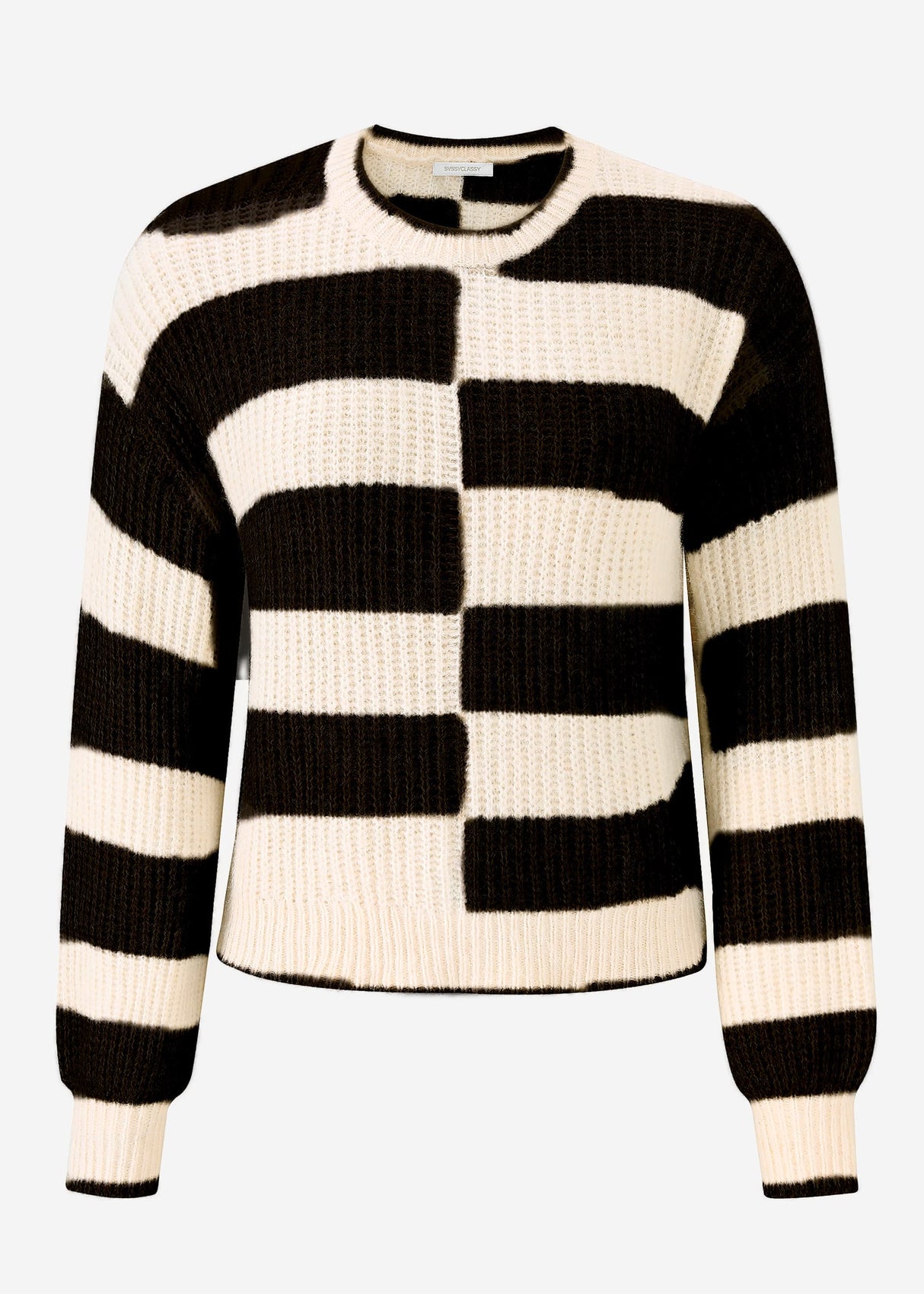 Fluffy sweater with offset block stripes - black-off-white