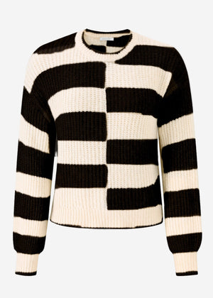 Fluffy sweater with offset block stripes - black-off-white