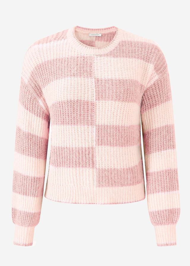 Flauschiger Pullover mit versetzten Blockstreifen - rosa-offwhite