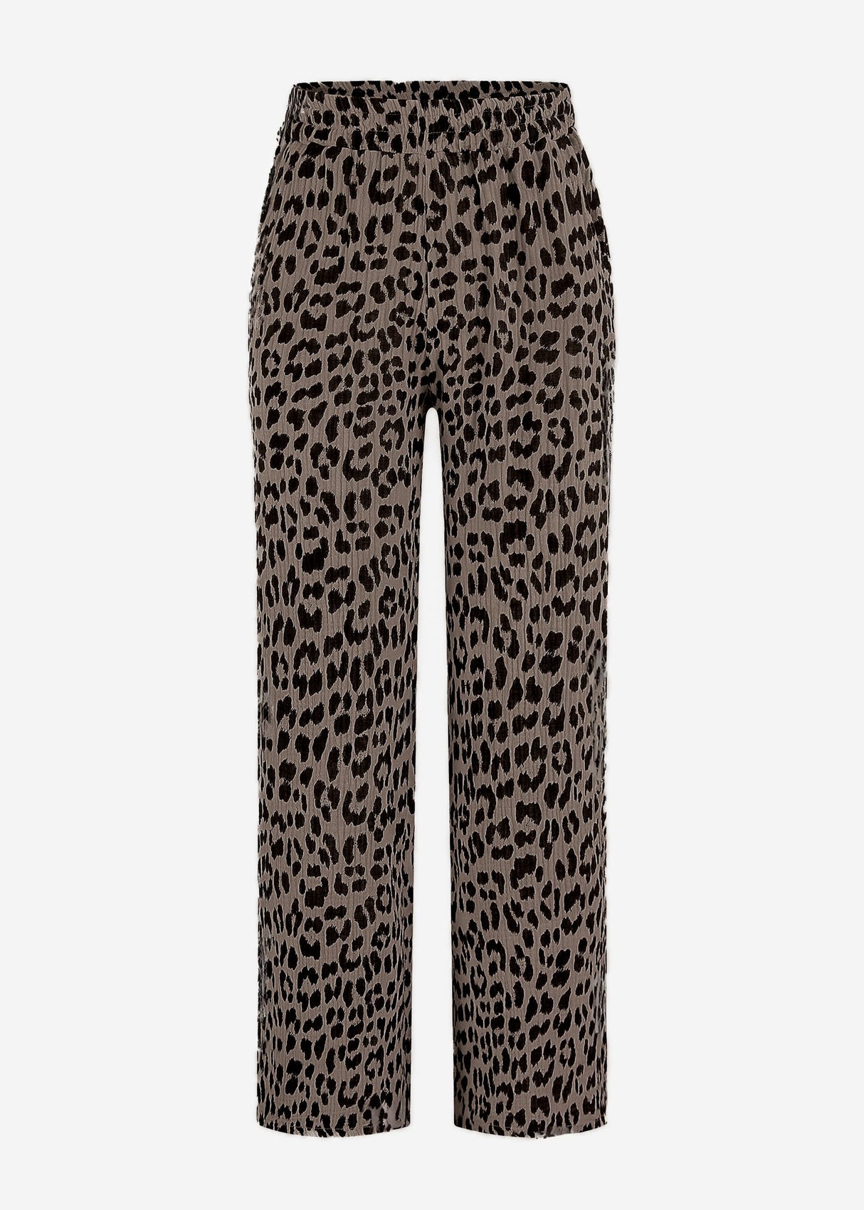 Musselin Pants mit weitem Bein in Leo-Print - taupe