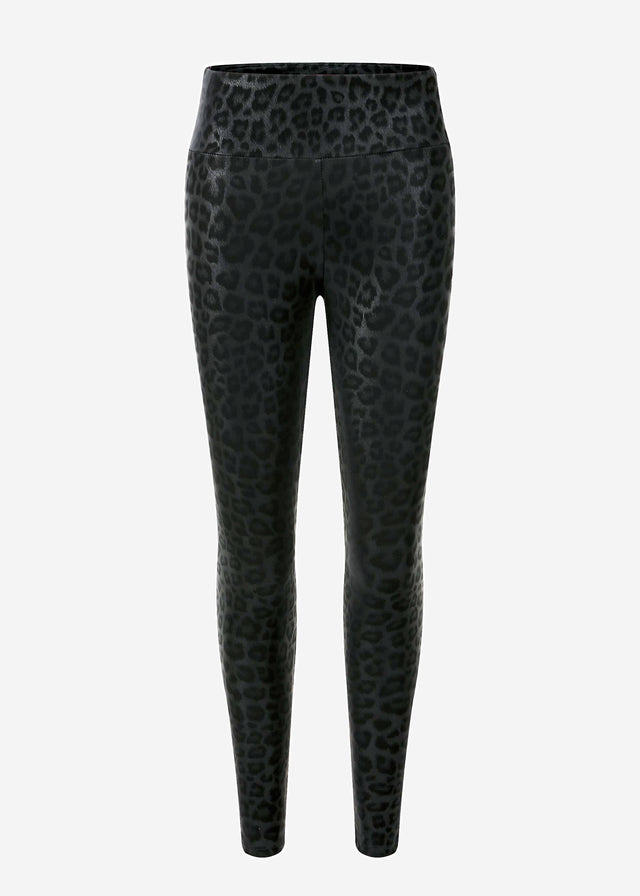 Thermal faux leather leggings with leopard print - black