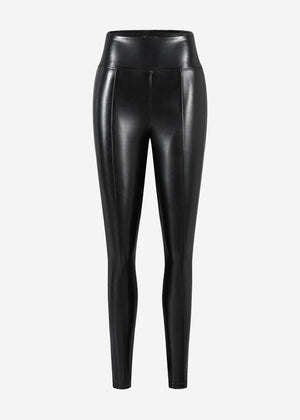 High-rise thermal faux leather leggings with piping - black